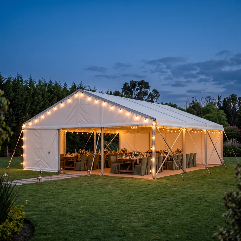 Carpa blanca iluminada para eventos en jardín